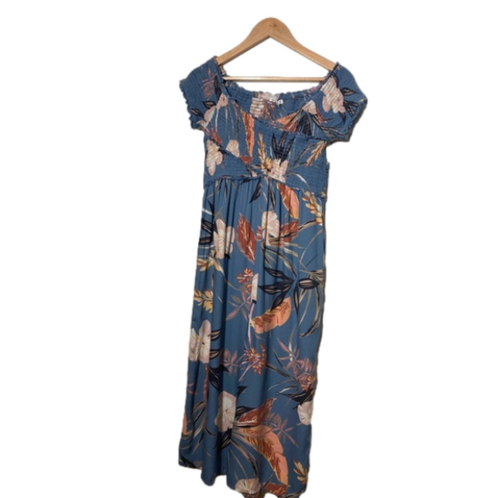 Patrons of peace wide leg jumpsuit faux wrap smocked bodice M tropical floral
